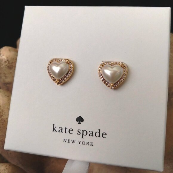 Kate Spade My Love Cream & Gold Pearl Heart Stud Post Earrings w/CZs NWT - Picture 3 of 5